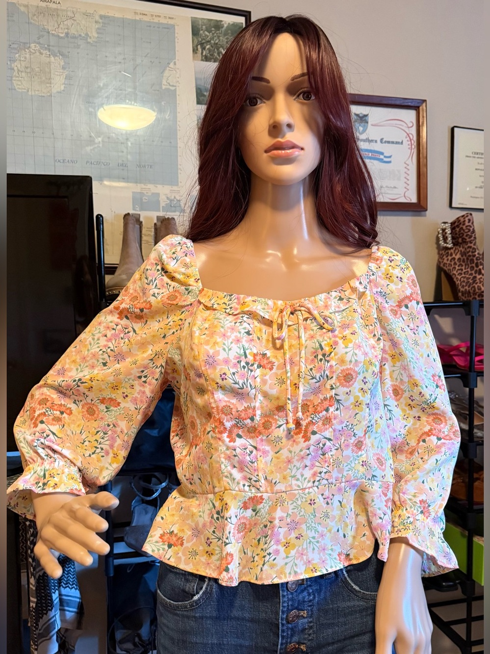 A. BYERS Floral Peasant Blouse - Pink/Peach